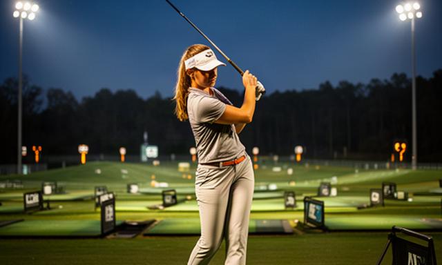 Golferin übt ihren Schwung auf der beleuchteten Driving Range am Abend