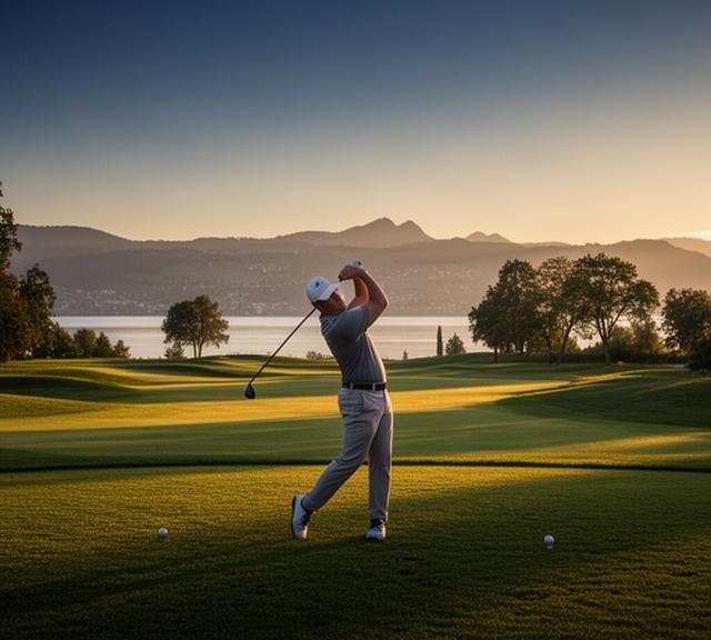 Golfer beim Abschlag nach Feierabend im warmen Abendlicht auf dem Platz in Horgen