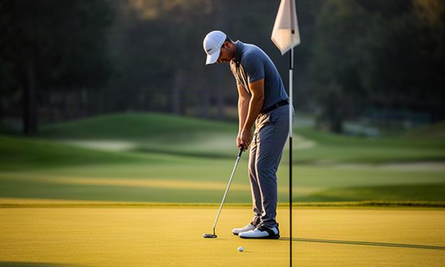 Golfer beim kurzen Putt auf dem gepflegten Putting Green bei tief stehender Sonne