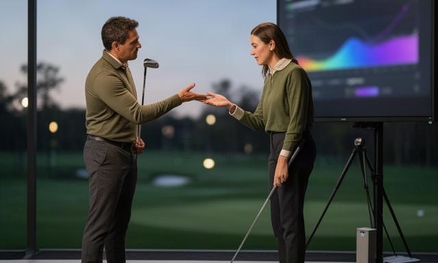 Golflehrer analysiert die Schwungbewegung eines Berufstätigen an einer Trainingsstation