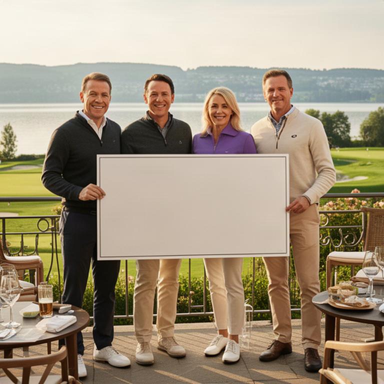 Charity-Golfturnier mit Spendenscheck und Teilnehmenden auf der Terrasse am Zürichsee