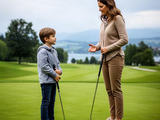 Mutter und Sohn besprechen gemeinsam einen Golfschlag auf dem Platz in Horgen