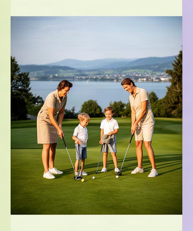 Familie mit zwei Kindern beim Golfen auf einer grünen Anlage am Zürichsee