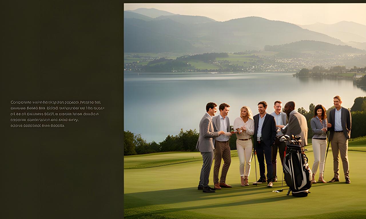 Business-Gruppe beim Golfen mit Blick auf den Zürichsee und die Hügel rund um Horgen