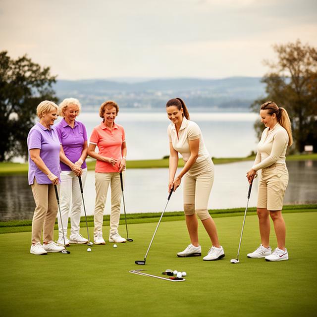 Frauengruppe mit weiblicher Golfpro auf einem Übungsgrün am Zürichsee