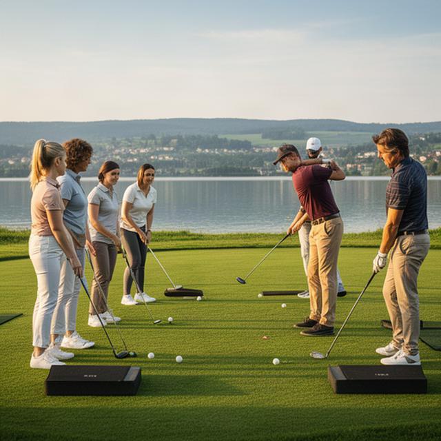 Golf-Einsteigerinnen und Einsteiger trainieren gemeinsam auf der Driving Range am Zürichsee