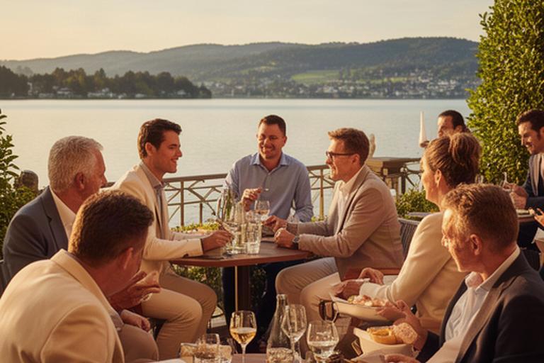 Mitglieder unterhalten sich beim After-Work-Apéro auf der Terrasse mit Blick auf den Zürichsee