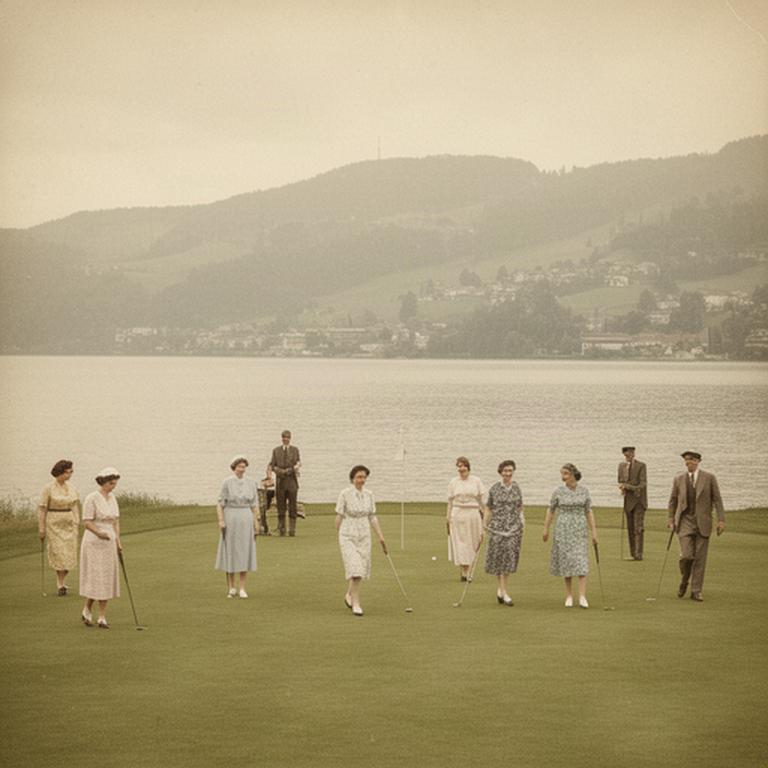 Historische Aufnahme eines Golfplatzes am Zürichsee mit Spielerinnen und Spielern auf dem Fairway