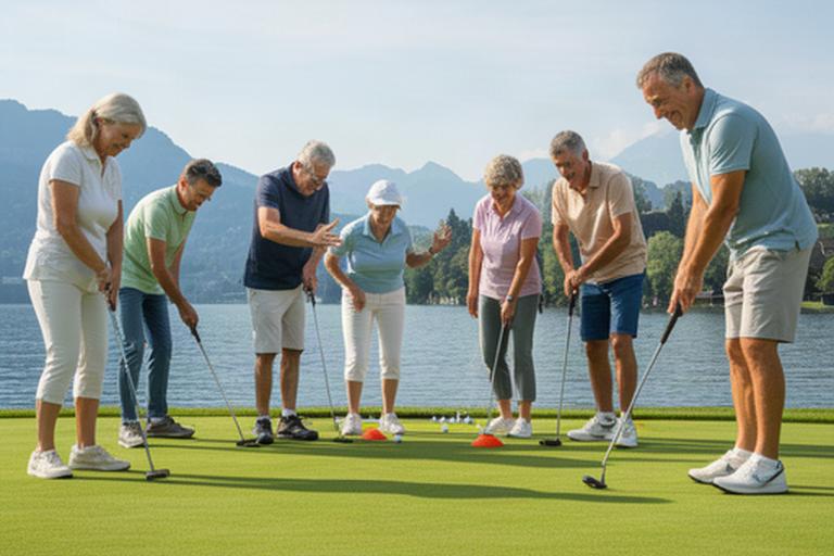 Gemischte Sportgruppe trainiert gemeinsam auf dem Putting Green in Horgen