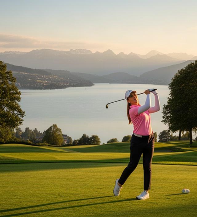 Golferin am frühen Abend auf einem gepflegten Golfplatz mit Blick über den Zürichsee bei Horgen