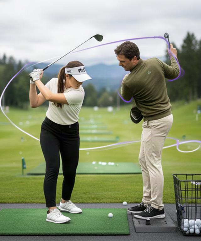PGA-Pro analysiert den Golfschwung einer Spielerin auf der Driving Range in Horgen