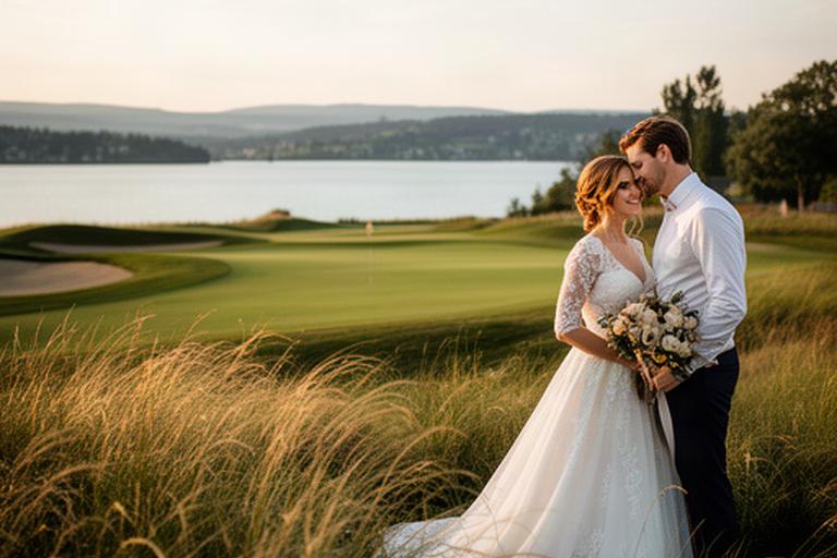 Brautpaar beim Fotoshooting am Rand des Golfplatzes mit sanftem Abendlicht