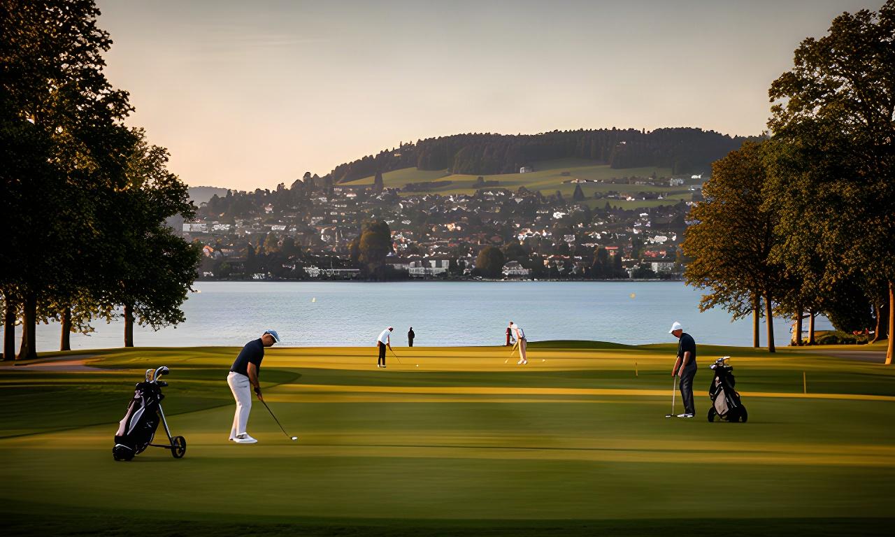Golfplatz am Zürichsee bei Abendlicht mit Spielern auf dem Fairway und Horgen im Hintergrund