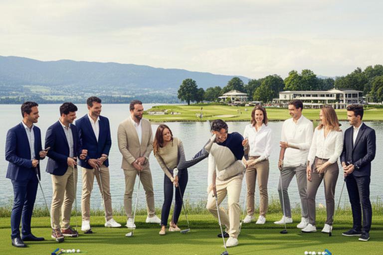 Firmenteam bei einer betreuten Golf-Clinic mit Blick auf den Zürichsee