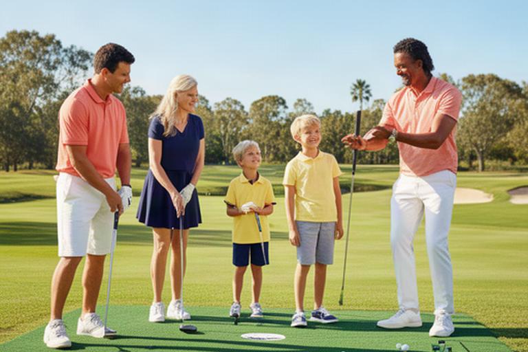 Familie beim gemeinsamen Golfkurs auf einer sonnigen Übungsanlage