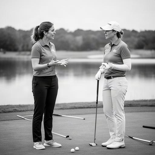 Golftrainerin im Gespräch mit einem Spieler neben dem Putting-Grün
