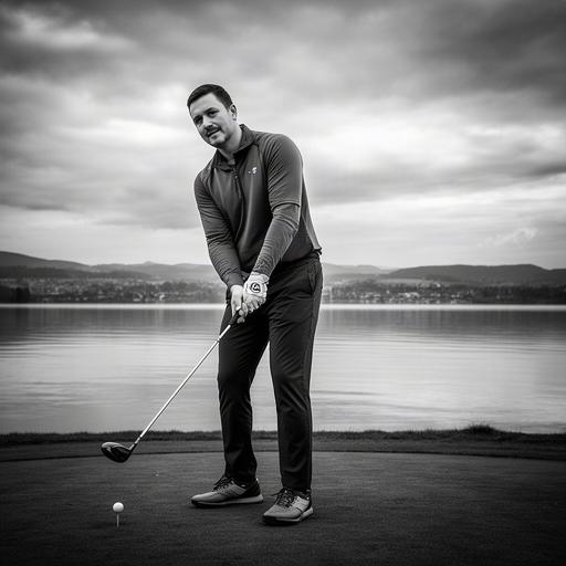 Golfcoach mit Schläger am Abschlag bei bewölktem Wetter am Zürichsee