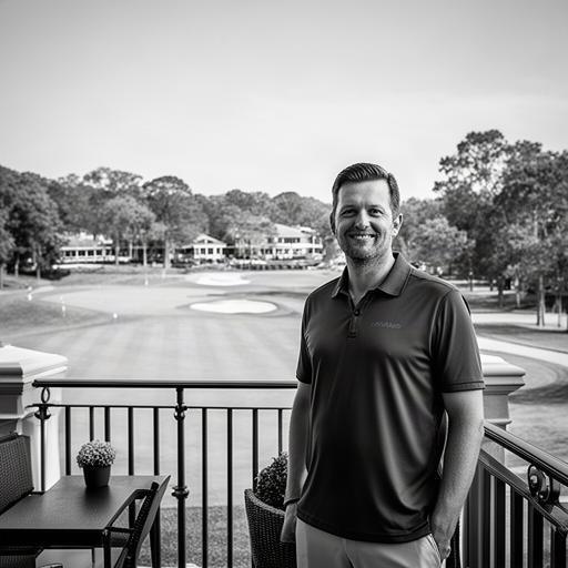 Eventleiter auf der Terrasse des Golfclubs mit Blick auf den Platz