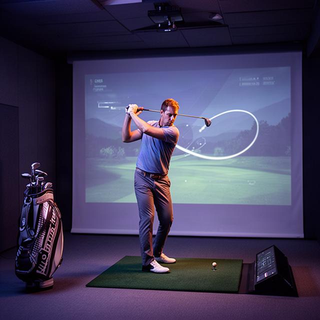 Spieler trainiert im Indoor-Golf-Simulator mit präziser Ballfluganalyse im Winter