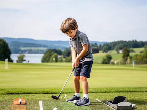 Kind übt einen Golfschwung mit kurzer Ausrüstung auf dem Übungsbereich