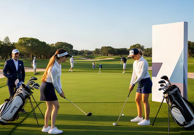 Golfturnier mit Firmenbanner am Abschlag und Spielerinnen auf dem Platz