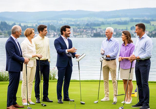 Geschäftsleute bei einer Golf-Clinic am Zürichsee mit Trainer und Schlägern