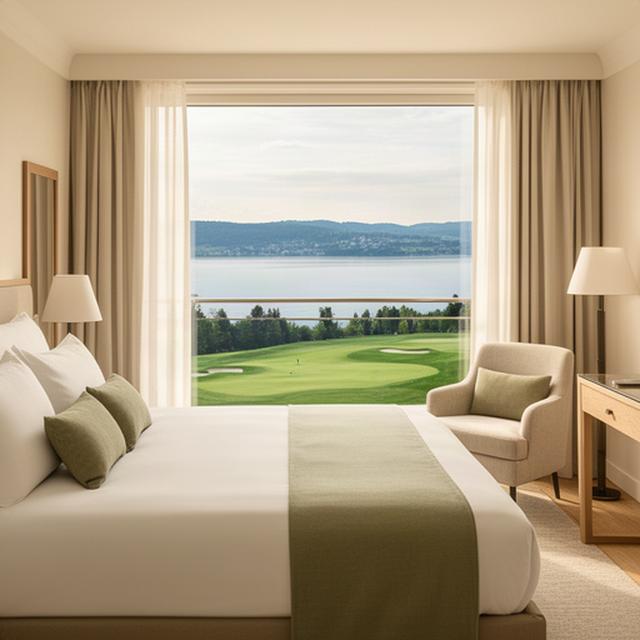 Helles Hotelzimmer mit Blick auf den Zürichsee und einen gepflegten Golfplatz