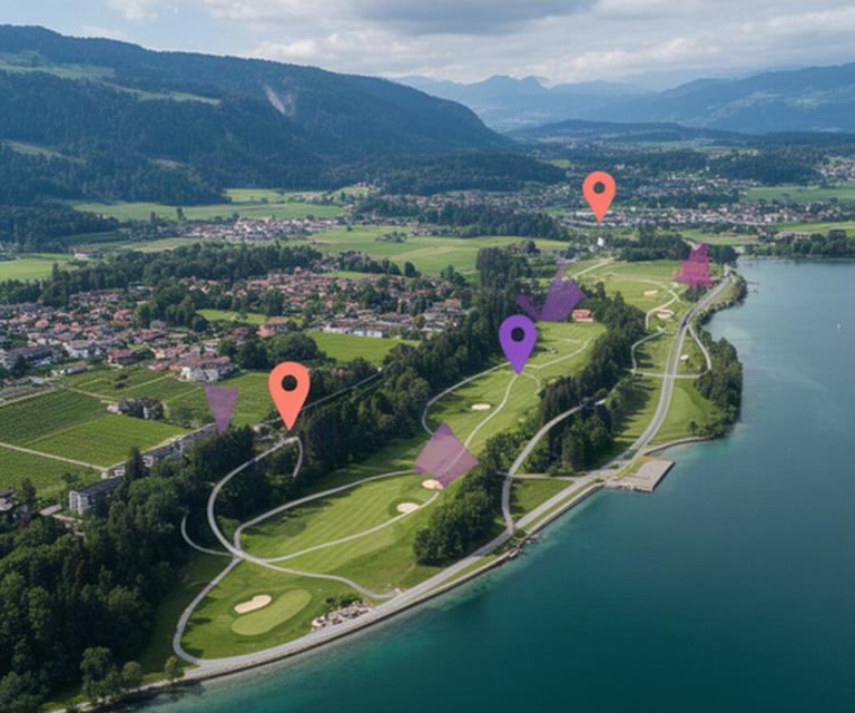 Luftaufnahme der Zürichsee-Region mit Seeufer, Golfplatz und markierten Ausflugszielen