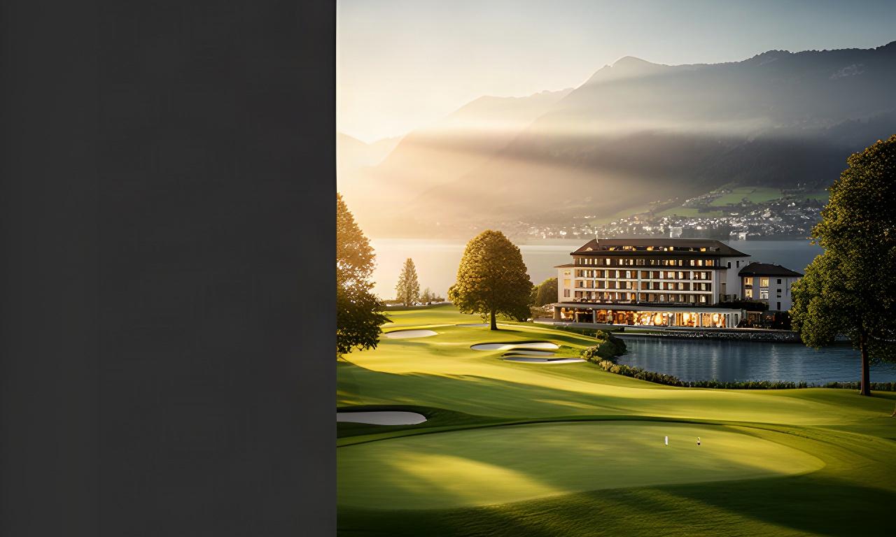 Golfplatz am Zürichsee mit Hotelgebäude und Abendlicht im Hintergrund