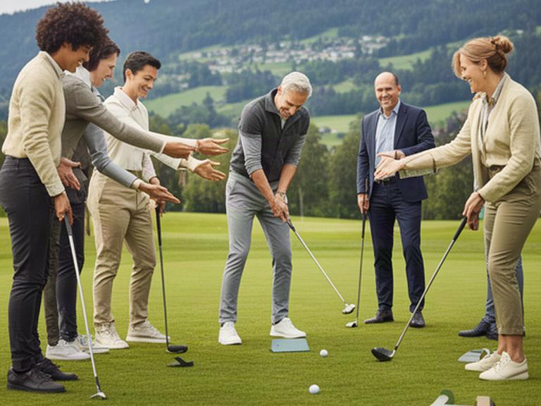 Gemischtes Firmenteam bei einer Golf-Schnupperübung auf dem Trainingsgelände in Horgen