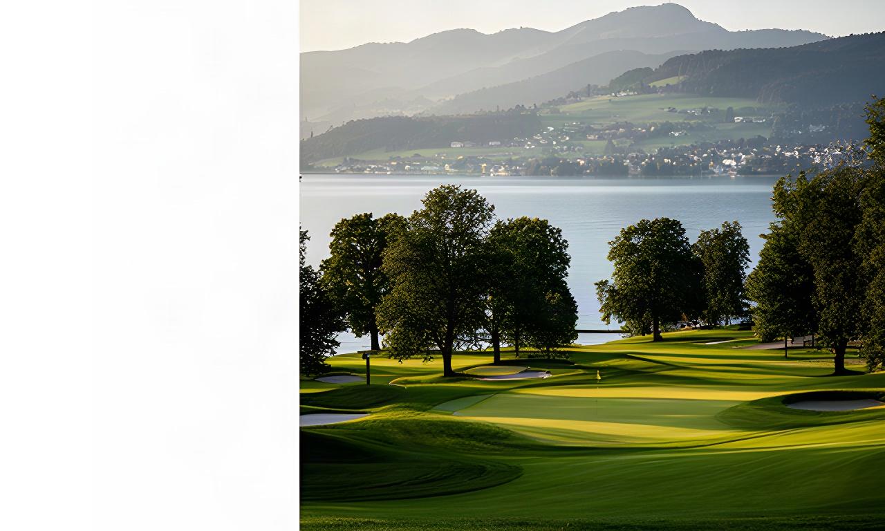 Panoramablick über den Golfplatz am Zürichsee mit grünen Fairways und den Hügeln von Horgen