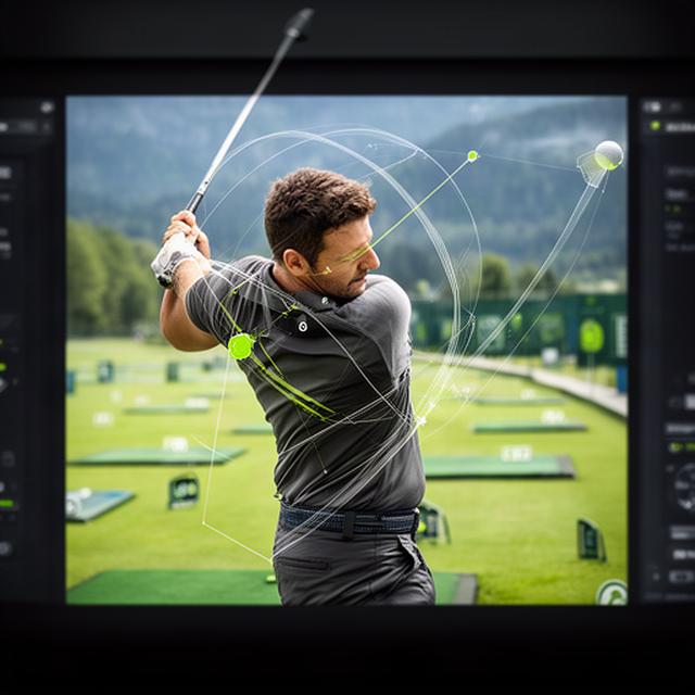 Golfspieler beim Abschlag auf der Driving Range mit eingeblendeten Schwungdaten